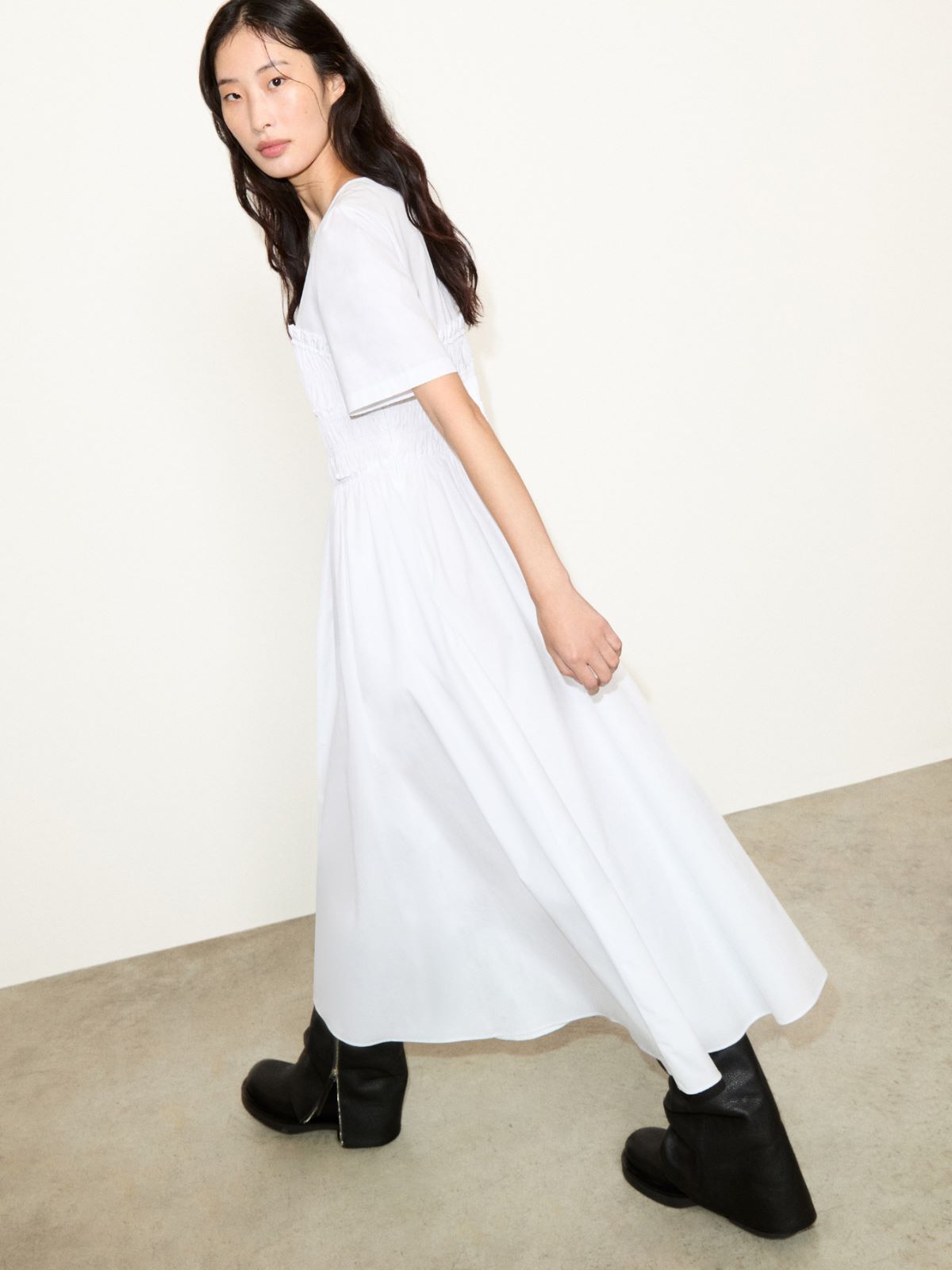 Ruched cotton-poplin midi dress - OPTICAL WHITE - MAX&Co. - 4