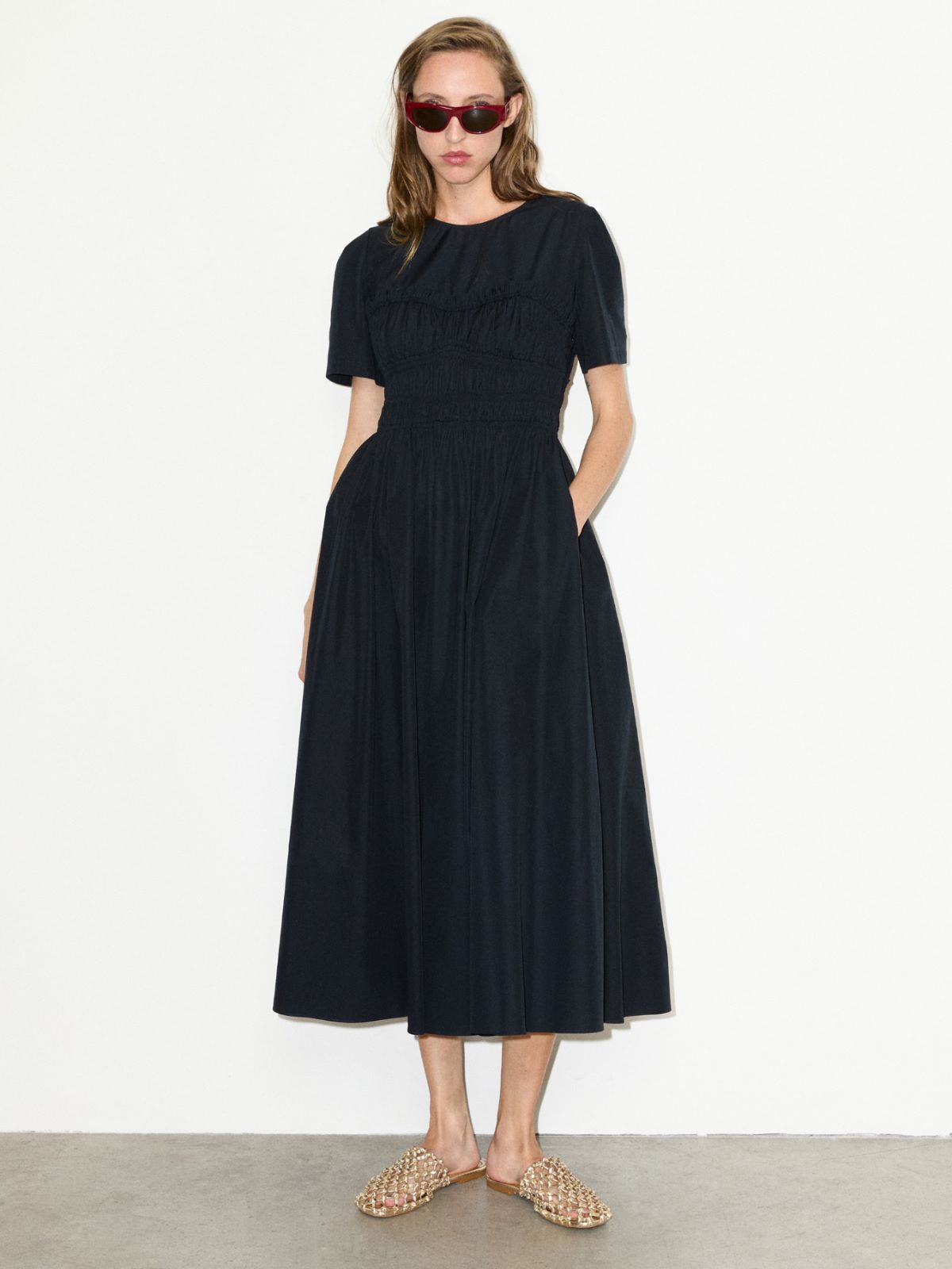 Ruched cotton-poplin midi dress - BLACK - MAX&Co.