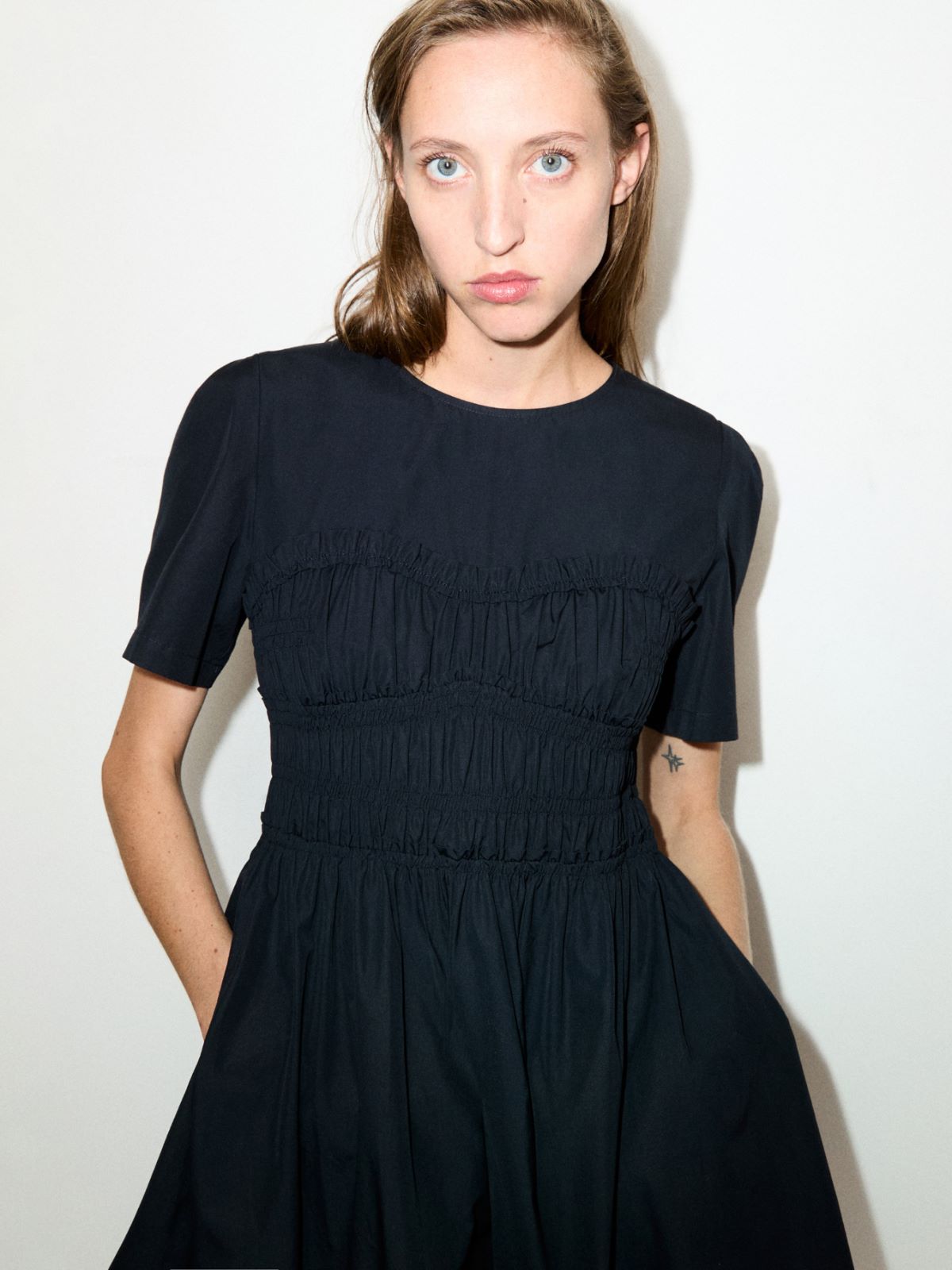 Ruched cotton-poplin midi dress - BLACK - MAX&Co. - 4