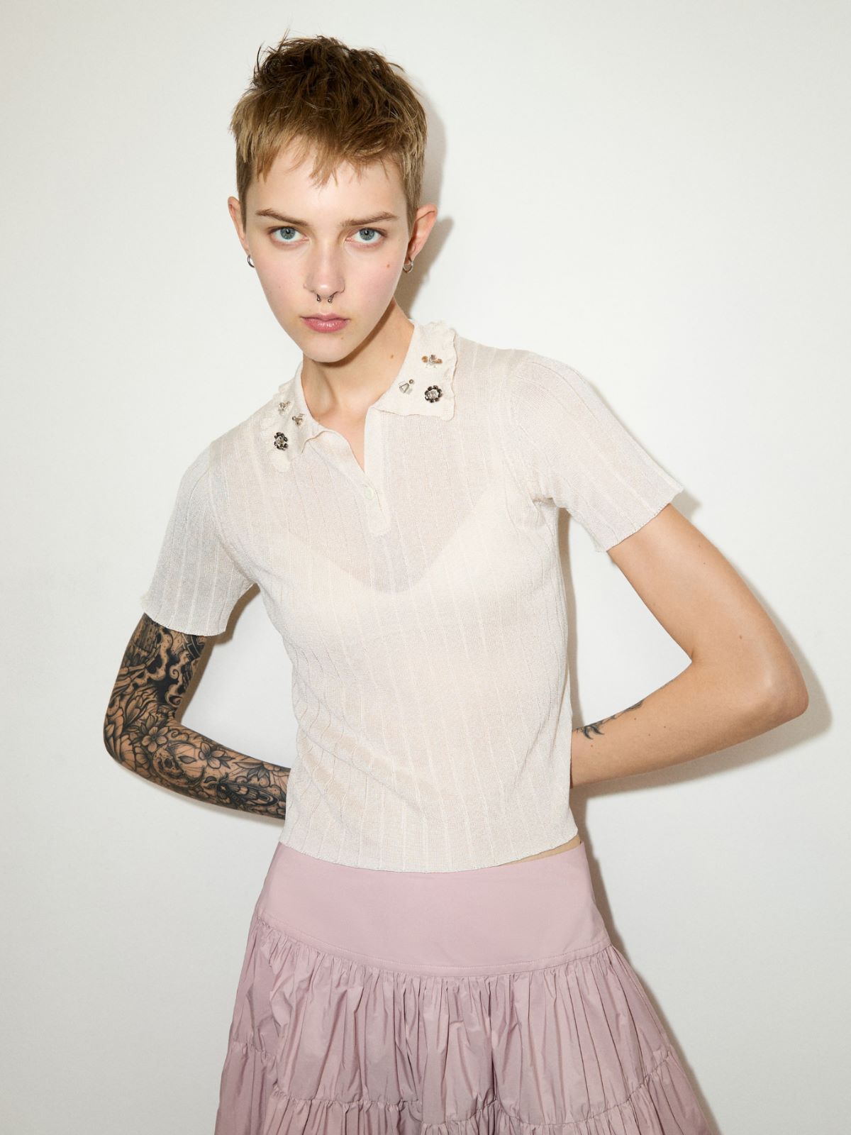 Jewel-embroidered polo shirt - MILK - MAX&Co.
