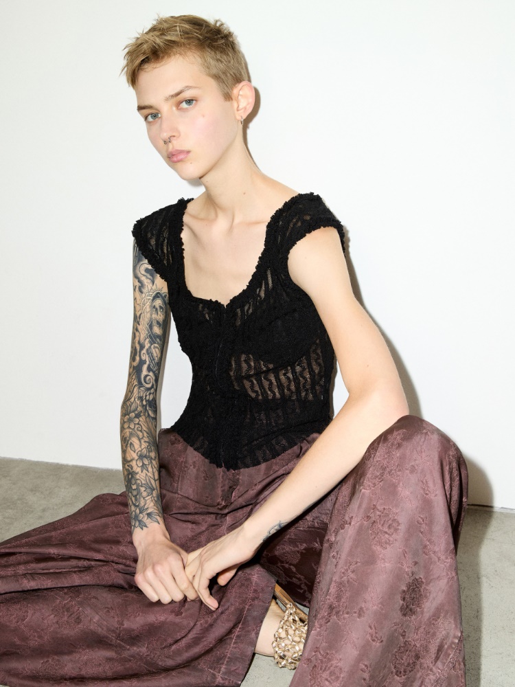 Lacy jersey top - BLACK - MAX&Co.