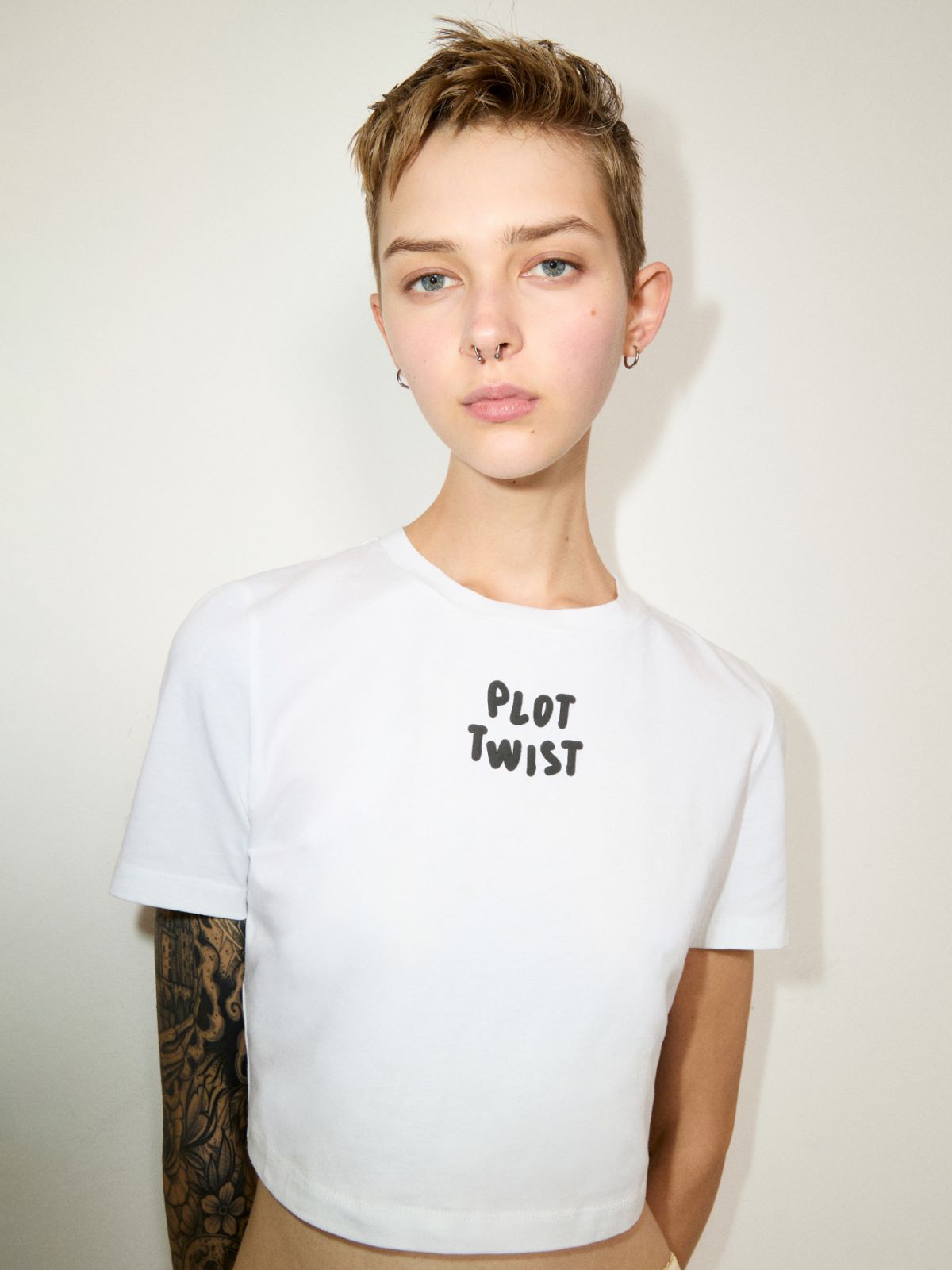 Slogan-print cropped T-shirt - OPTICAL WHITE - MAX&Co.