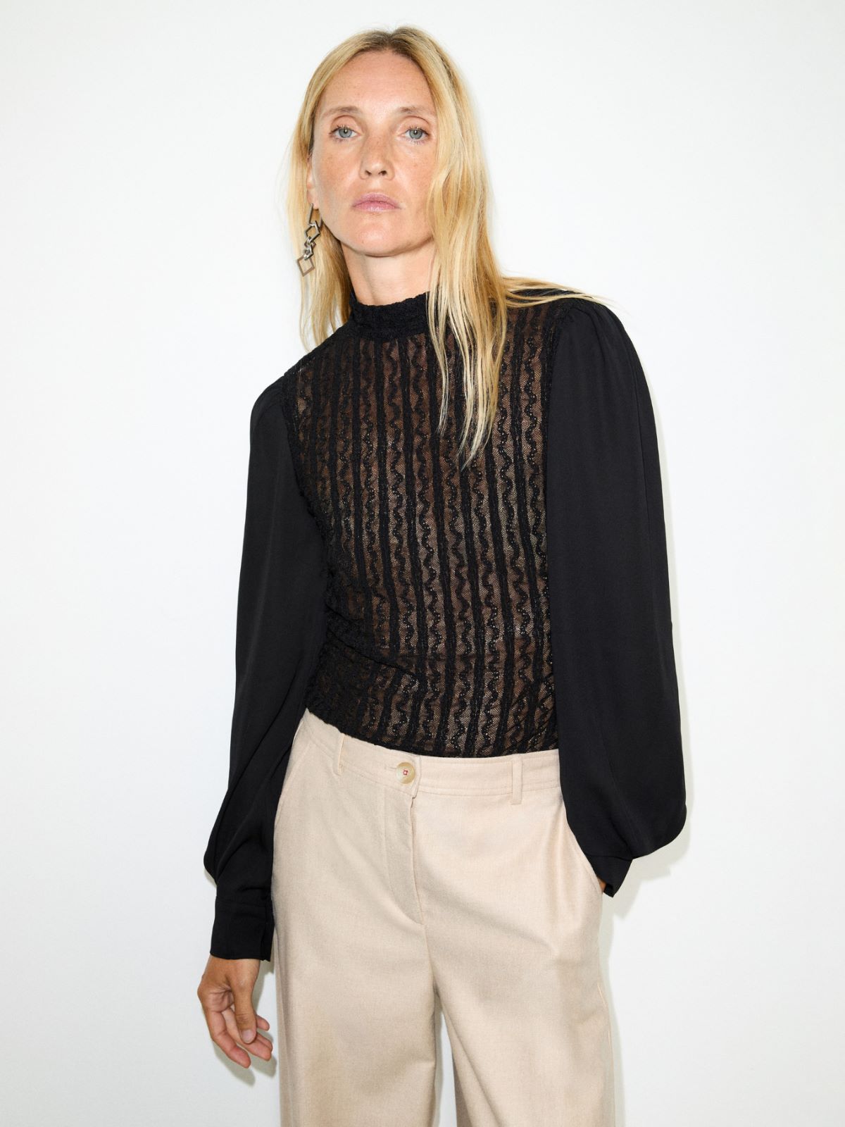 Lace and crêpe de Chine top - BLACK - MAX&Co.
